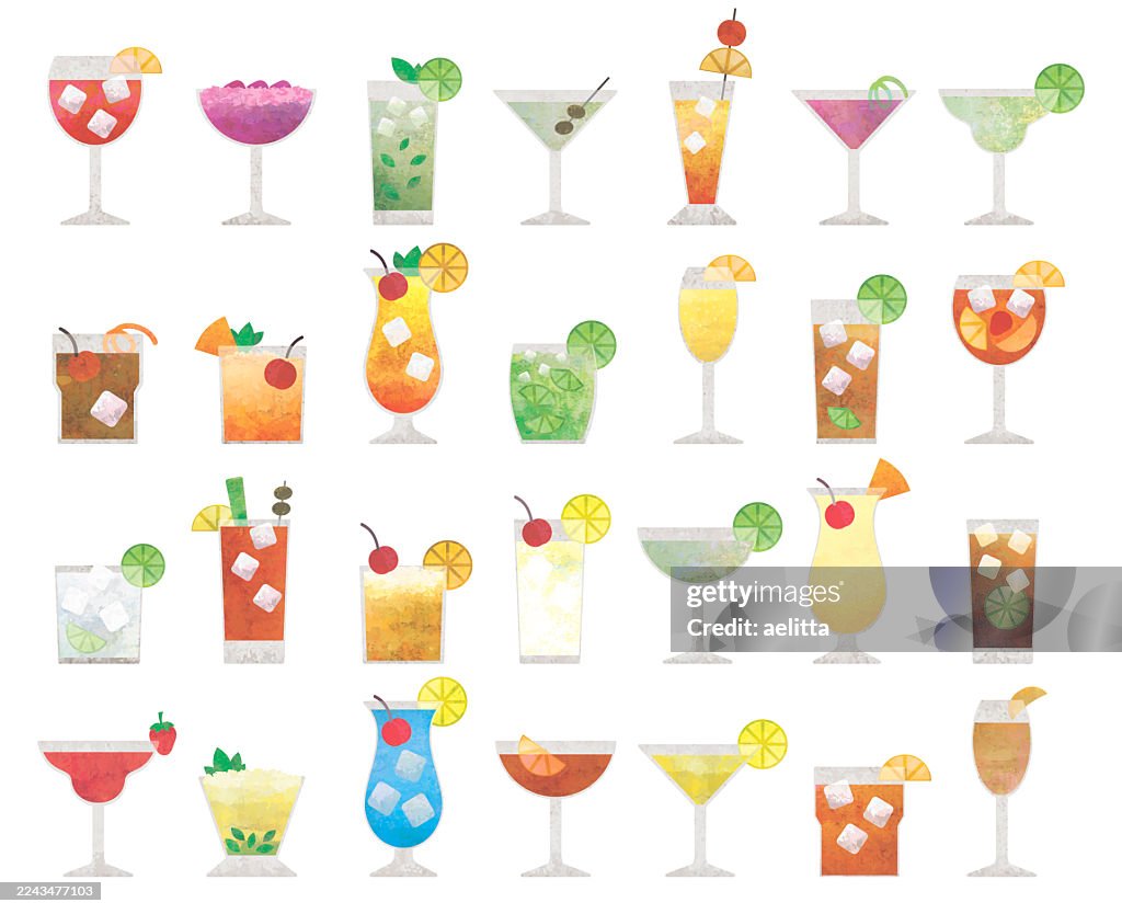 Illustration of cocktail icons. Big set of 28 icons.