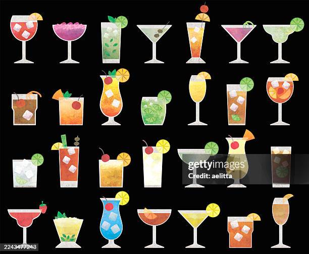 illustration of cocktail icons. big set of 28 icons. - blue lagoon stock illustrations