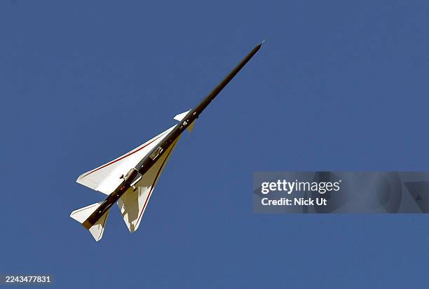 October 28: Lockheed Martin X-59 Quesst Supersonic Test Jet takes to the air outside Palmdale Air Force base on October 28, 2025 in PALMDALE,...