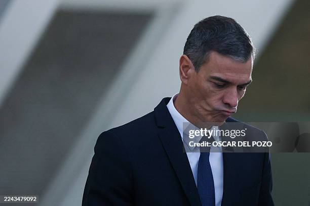 Spain's Prime Minister Pedro Sanchez arrives to attend a state memorial for the more than 230 victims of last year's floods on the one year...