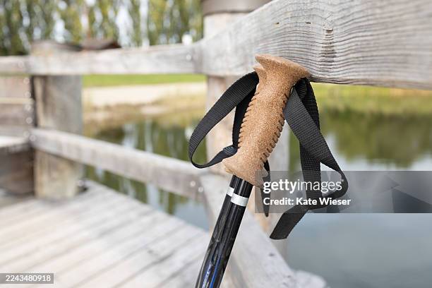 hiking poles standing on the bridge near lake in austrian countryside - hiking pole stock pictures, royalty-free photos & images