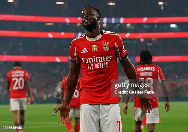 Dodi Lukebakio of SL Benfica celebrates after scoring a goal during the Allianz Cup match between SL Benfica and CD Tondela at Estadio da Luz on...