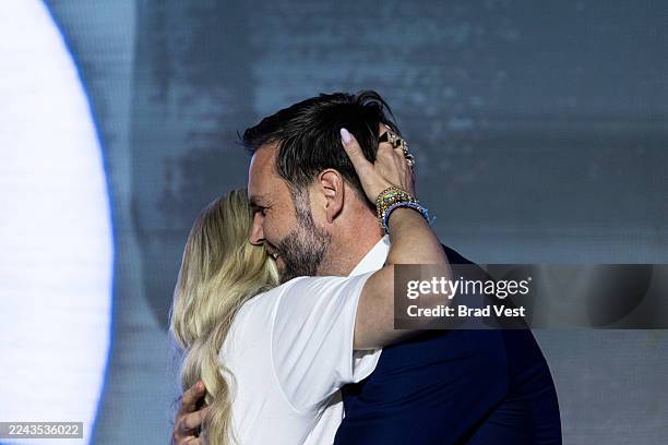 Erika Kirk and U.S. Vice President JD Vance embrace at the Pavilion at Ole Miss on the campus of the University of Mississippi on October 29, 2025 in...