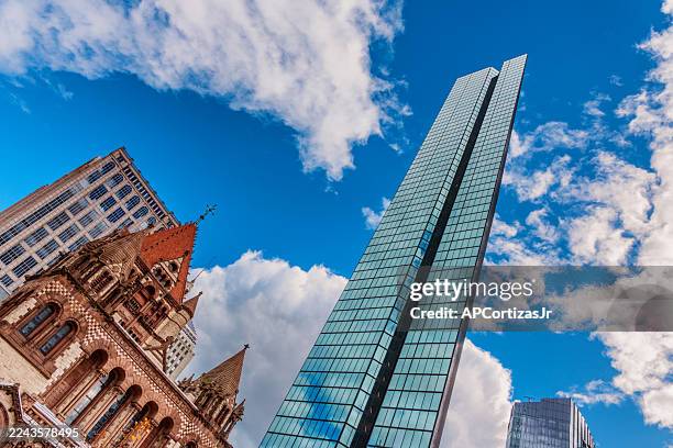 john hancock tower - trinity church - copley square - back bay - boston massachusetts - trinity church boston stock pictures, royalty-free photos & images