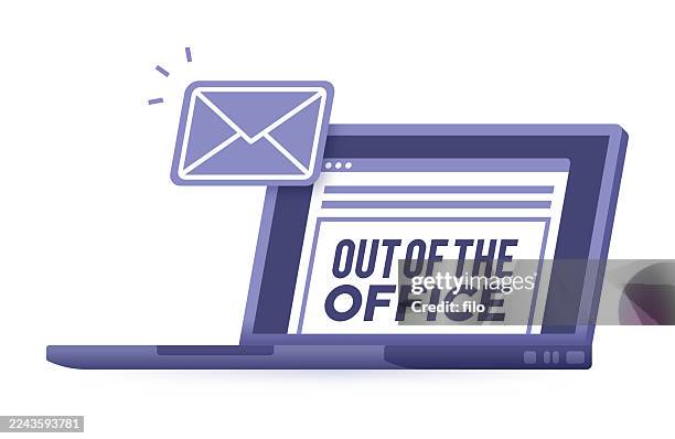 illustrazioni stock, clip art, cartoni animati e icone di tendenza di fuori dall'ufficio rispondi email laptop - chiuso