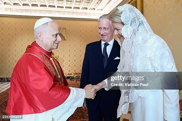 Pope Leo XVI meets with King Philippe and Queen Mathilde of Belgium during an audience at the Apostolic Palace on October 27, 2025 in Vatican City,...