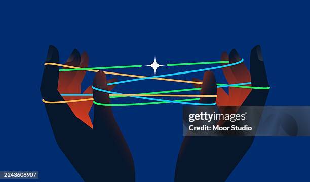 human hands holding cat's cradle made of light illustration - telephone line stock illustrations
