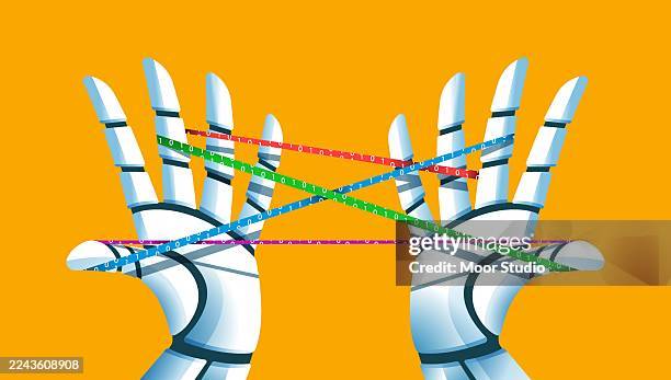 cat's cradle in robotic hands on yellow background - game programming stock illustrations