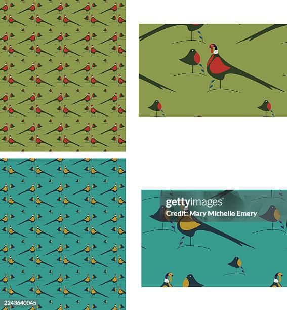 pheasants and robins pattern - pheasant stock illustrations