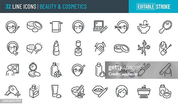 illustrazioni stock, clip art, cartoni animati e icone di tendenza di icone della linea sottile di bellezza e cosmetici - tratto modificabile - le icone includono moda, trucco, cura personale, taglio di capelli, prodotti di bellezza - forbici per parrucchieri