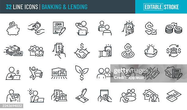 banking and lending thin line icons - editable stroke - icons include a financial institution, bank, loan, mortgage, bank teller, online banking, car loan - borrowing stock illustrations