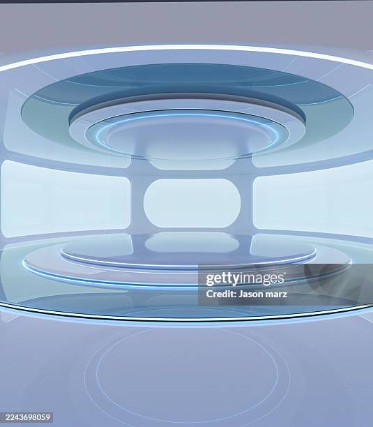 white clean glowing round stage space futuristic white environment with circular platform and ambient illumination - space environment simulation laboratory stock pictures, royalty-free photos & images