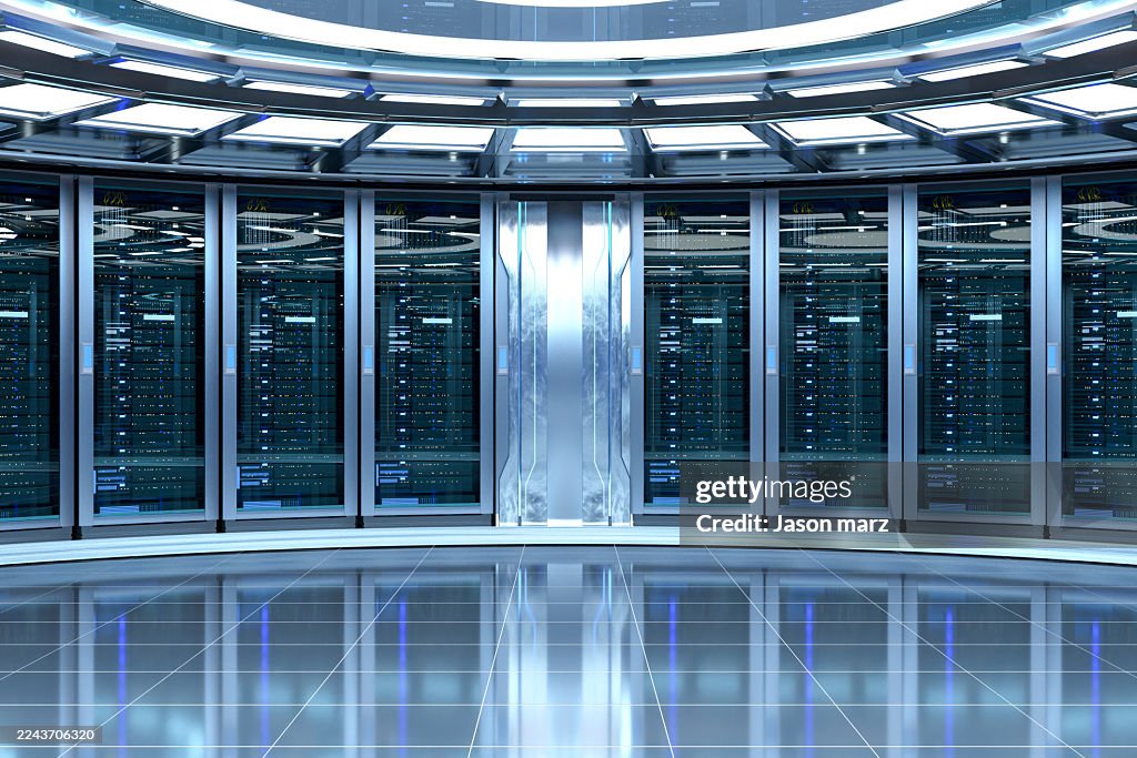 Futuristic Server Facility with Circular Ceiling and Reflective Tiled Floors Dark metal clean glowing round stage space