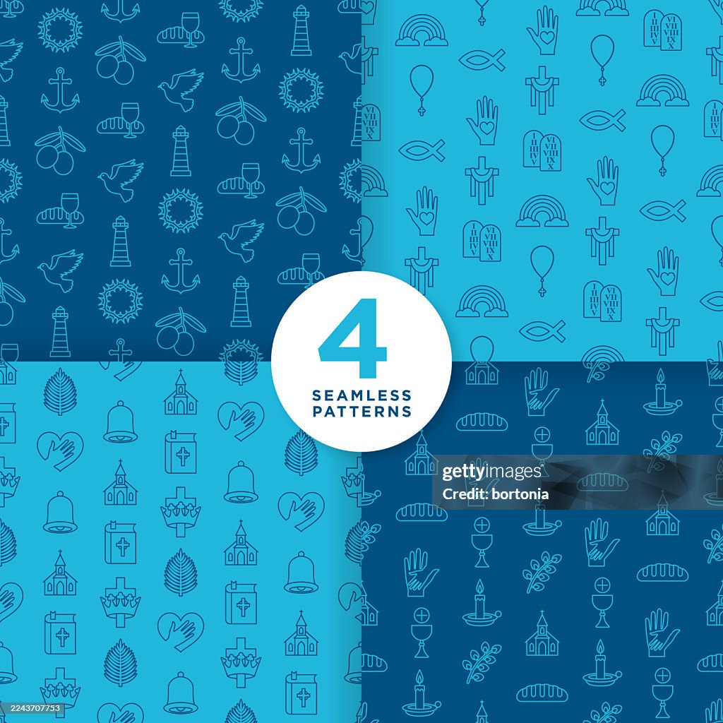 Set of Four Christianity Seamless Editable Stroke Icon Patterns