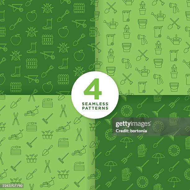 set of four gardening seamless editable stroke icon patterns - rake leaves stock illustrations