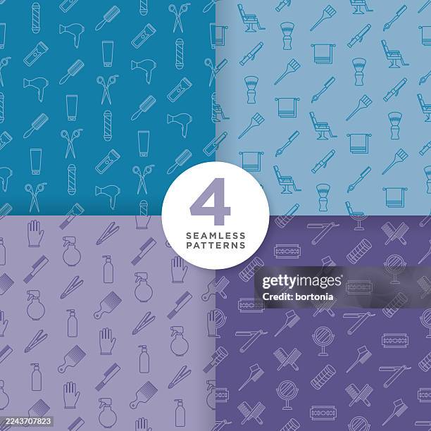 stockillustraties, clipart, cartoons en iconen met set of four hairdressing and barber seamless editable stroke icon patterns - kappersschaar