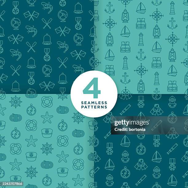 set of four nautical seamless editable stroke icon patterns - compass background stock illustrations