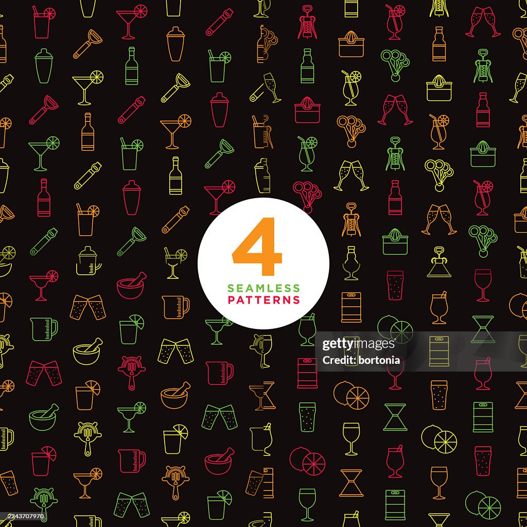 Set of Four Bartending Seamless Editable Stroke Icon Patterns