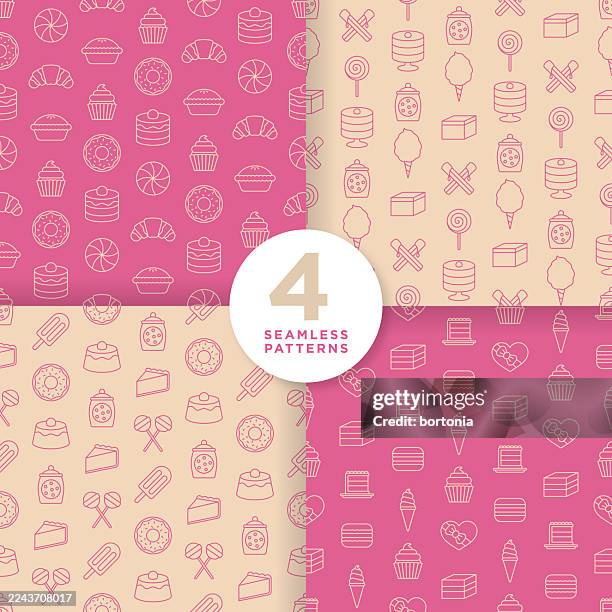 set of four desserts seamless editable stroke icon patterns - sugar jar illustration stock illustrations