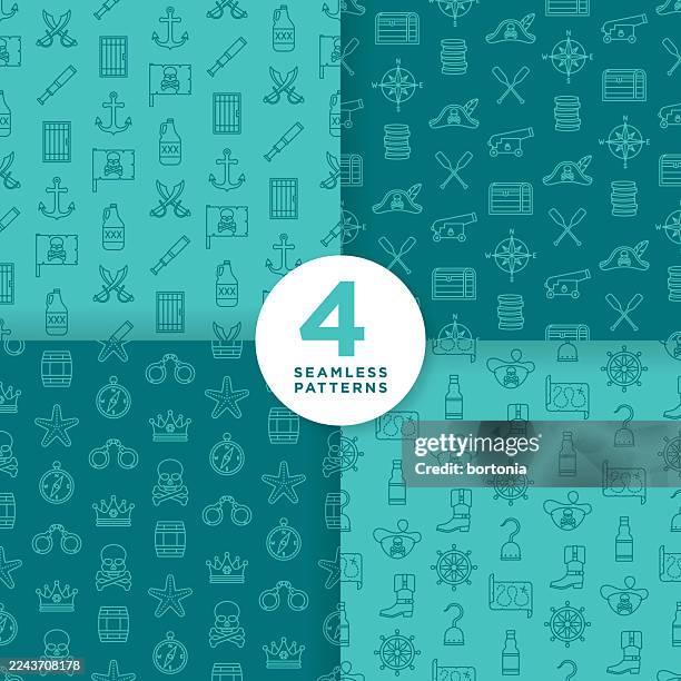 set of four pirate seamless editable stroke icon patterns - eye patch stock illustrations