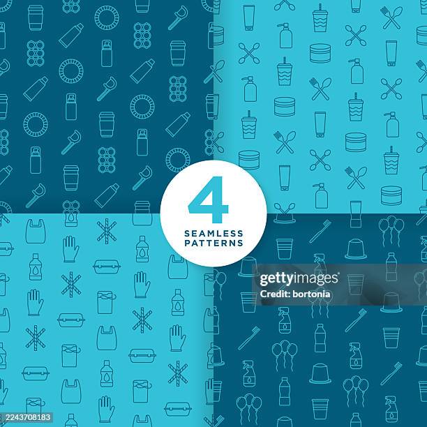 set of four single use plastic seamless editable stroke icon patterns - plastic plate stock illustrations