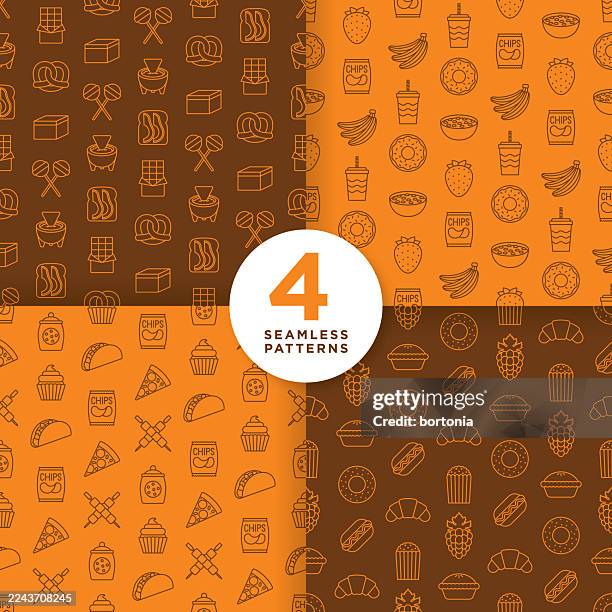 set of four snacks seamless editable stroke icon patterns - pretzel vector stock illustrations