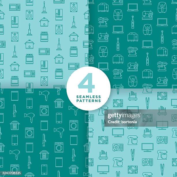 set of four appliances seamless editable stroke icon patterns - air fryer stock illustrations