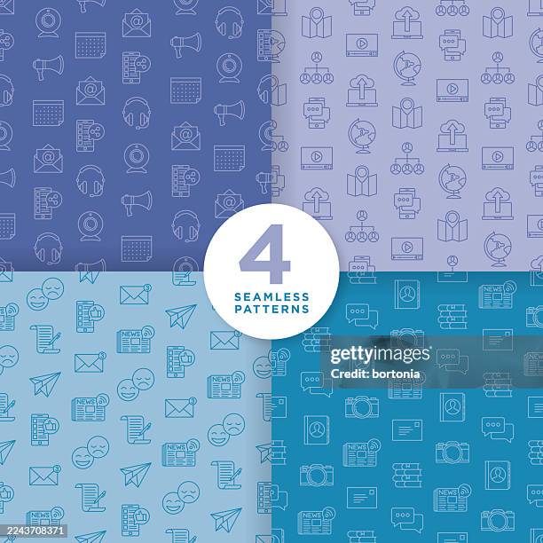 set of four communication seamless editable stroke icon patterns - talking to camera background stock illustrations
