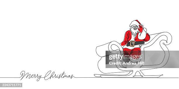 santa claus and merry christmas message continuous line drawing with editable stroke and color elements - santa sitting stock illustrations