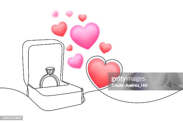 engagement ring, proposal continuous line drawing banner with defocused 3d hearts - diamond ring white background stock illustrations