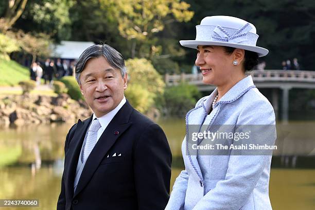 Emperor Naruhito and Empress Masako are seen during the Autumn Garden Party at the Akasaka Imperial Garden on October 28, 2025 in Tokyo, Japan.