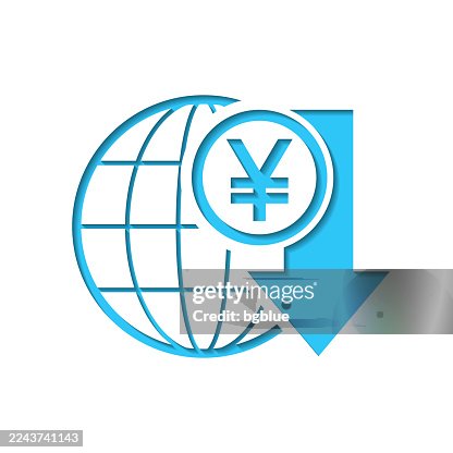Yen rate decrease. Icon cut out on white paper with blue background Yen rate decrease. Icon cut out on white paper with blue background