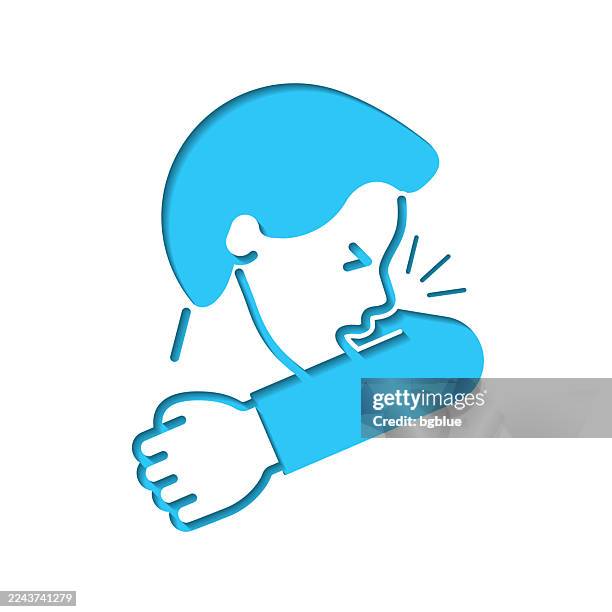 cough or sneeze into elbow. icon cut out on white paper with blue background - cough or sneeze into elbow stock illustrations