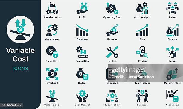 stockillustraties, clipart, cartoons en iconen met variable cost solid icons collection.containing fixed cost, production, expenses, labor, utility, commissions, business, manufacturing, overhead, cost control, accounting, finance, budget, pricing - commerciële activiteit