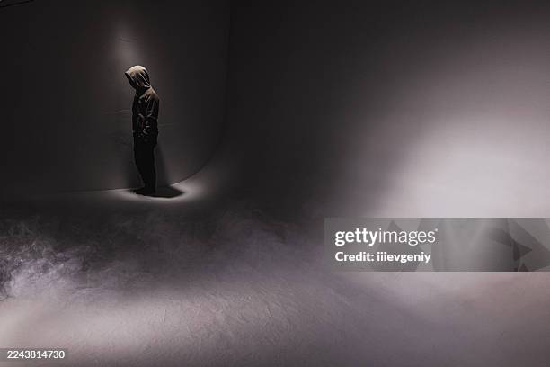 creepy male silhouette. wanderer in dark - body hacking stock pictures, royalty-free photos & images