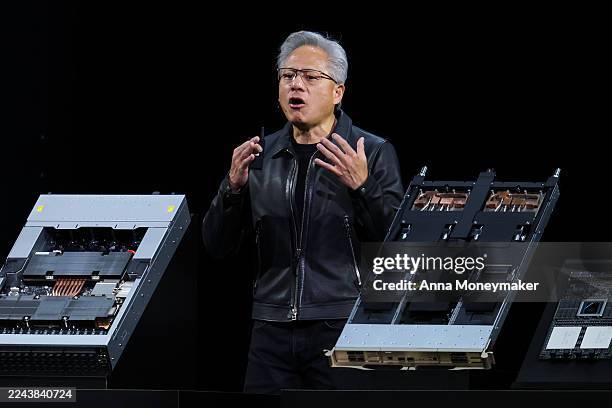 Nvidia President and CEO Jensen Huang speaks about NVIDIA Omniverse as he delivers the keynote address during the Nvidia GTC at the Walter E....