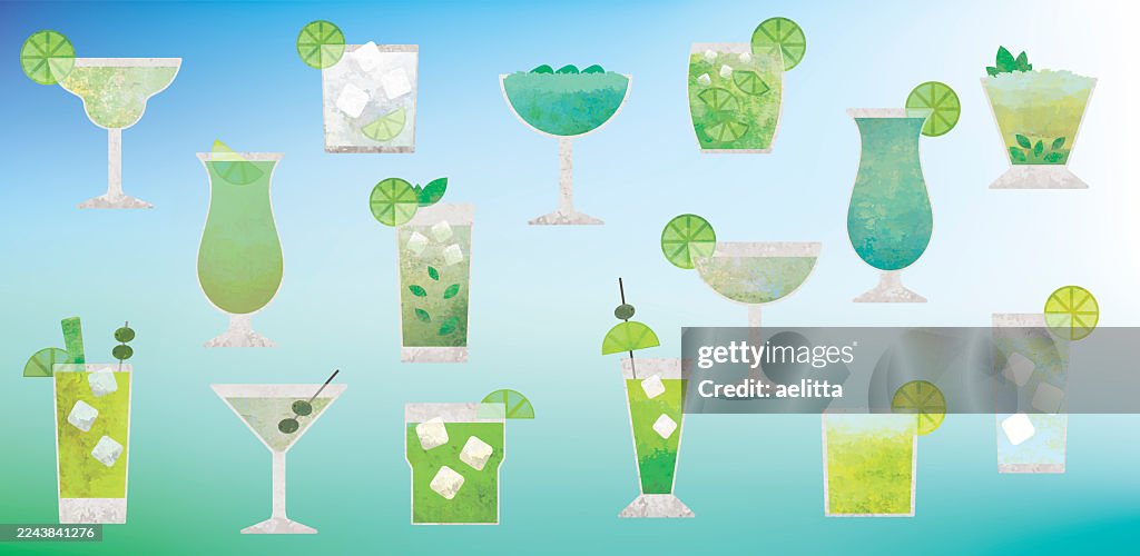 Illustration of cocktails in shades of green turquoise and a touch of blue