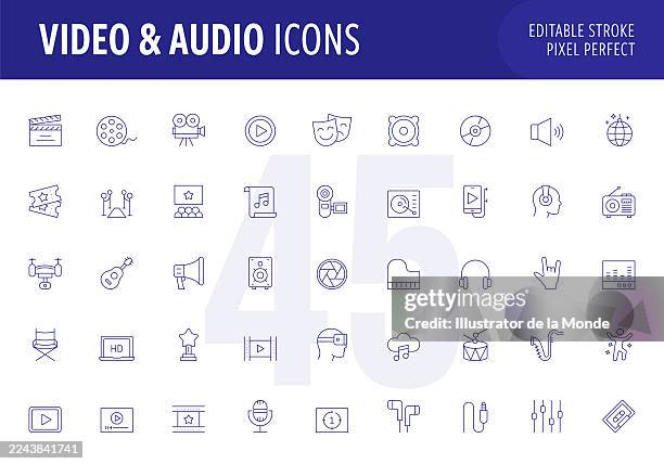 video and audio editable stroke line icon set - music editing stock illustrations
