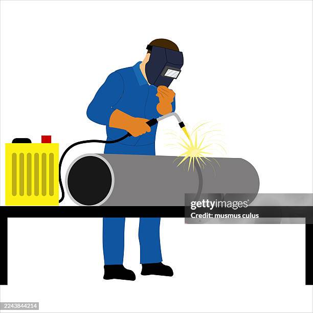 ilustrações de stock, clip art, desenhos animados e ícones de industrial welder working on a metal pipe using a mig welding machine - soldador