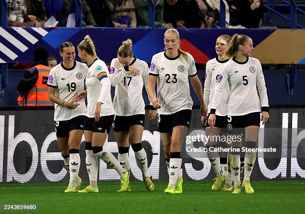 Klara Buhl of Germany celebrates with teammates after scoring her team's second goal during the UEFA Women's Nations League 2025 Semi-Final second...
