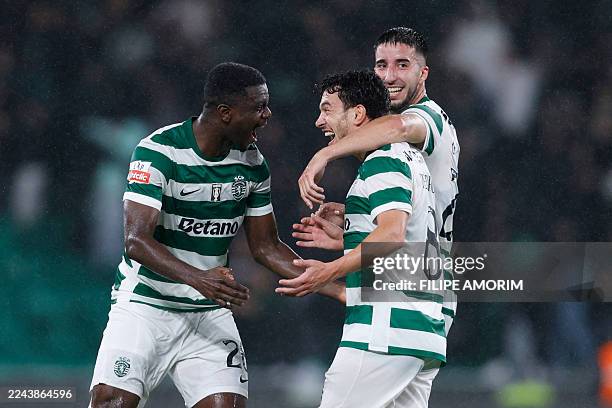 Sporting Lisbon's Portuguese forward Pedro Goncalves celebrates scoring his team's second goal during the Portuguese League football match between...