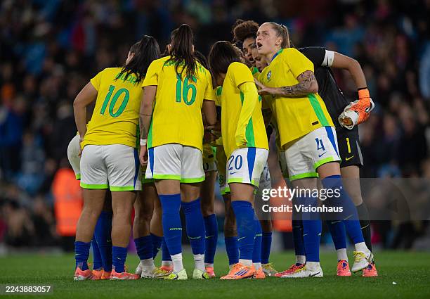 The Brazil team form a huddle during the Women's international friendly between England and Brazil at City of Manchester Stadium on October 25, 2025...