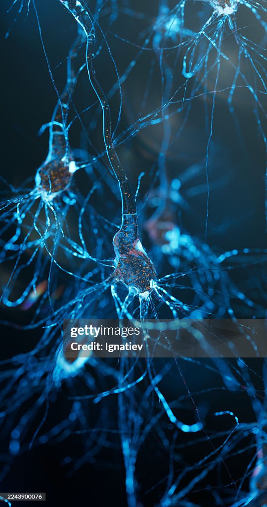 Microscopic view of alien neurons transmitting luminescent energy.