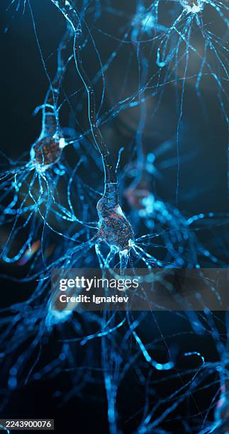 microscopic view of alien neurons transmitting luminescent energy. - neuropathy stock pictures, royalty-free photos & images