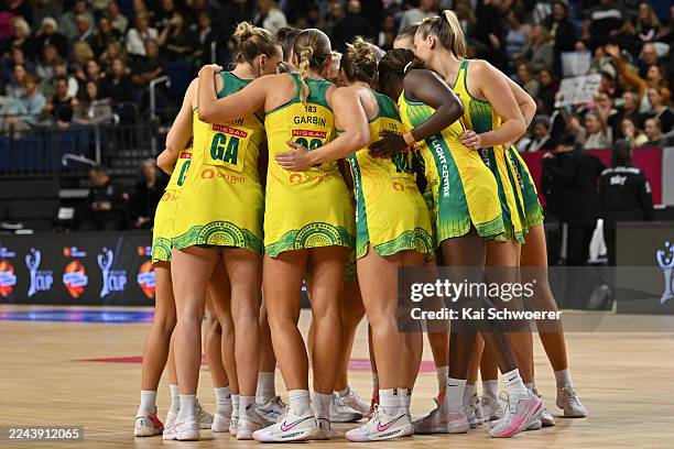 Australia huddle during game four in the Constellation Cup series between New Zealand Silver Ferns and Australia Diamonds at Wolfbrook Arena on...