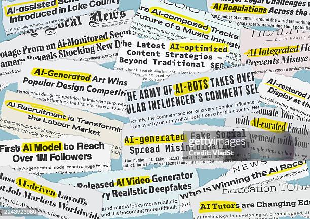 stockillustraties, clipart, cartoons en iconen met artificial intelligence headlines newspaper clippings torn paper pieces with ai news - krantenkop