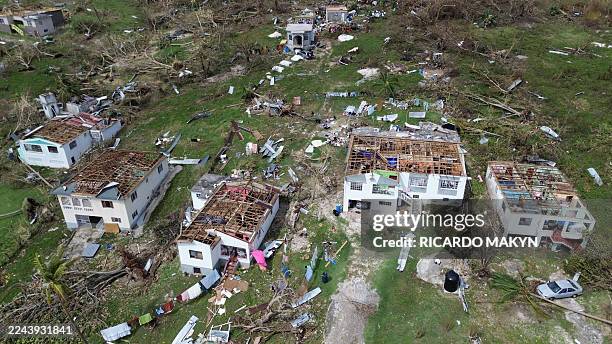 An aerial view shows damaged buildings in the aftermath of Hurricane Melissa in Middle Quarters, St Elizabeth, Jamaica, on October 31, 2025. At least...