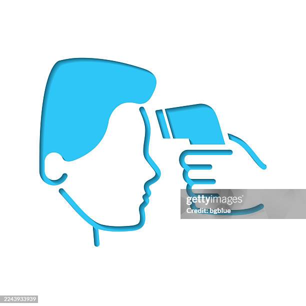 body temperature check. icon cut out on white paper with blue background - hand forehead stock illustrations
