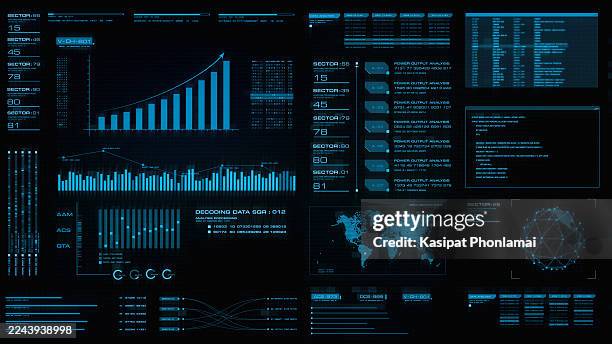 futuristic data dashboard interface displaying analytics charts, bar graphs - interface utilisateur graphique photos et images de collection