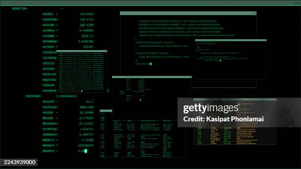futuristic user interface showing multiple coding and data windows in a dark theme - cracker isolated stock pictures, royalty-free photos & images